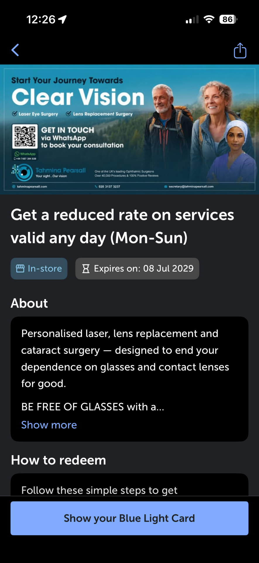 Can I use my blue light card for lens replacement and laser eye surgery?