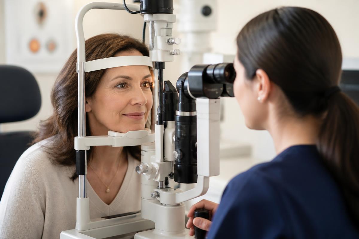 Woman around age 50 having a comprehensive eye examination