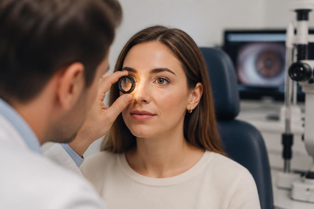 Medical illustration of the human eye showing cornea, lens and retina
