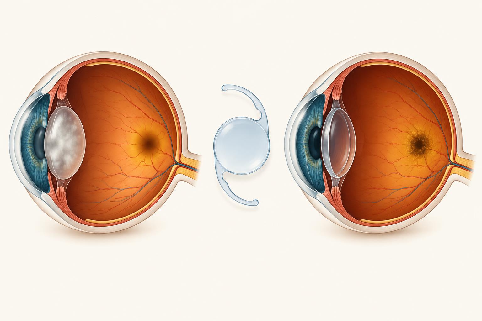Medical illustration showing a cloudy cataract lens, an artificial lens implant and macular changes at the retina