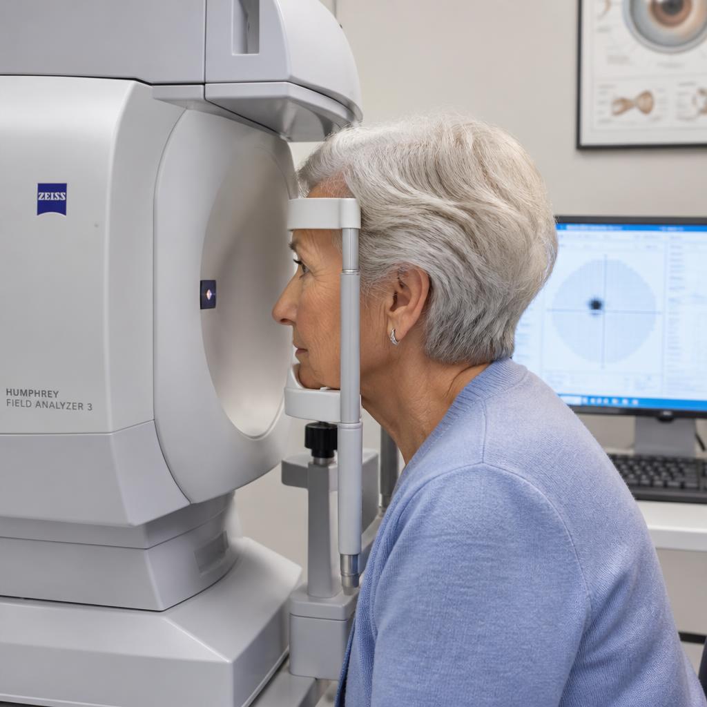 Elderly patient undergoing Humphrey visual field assessment