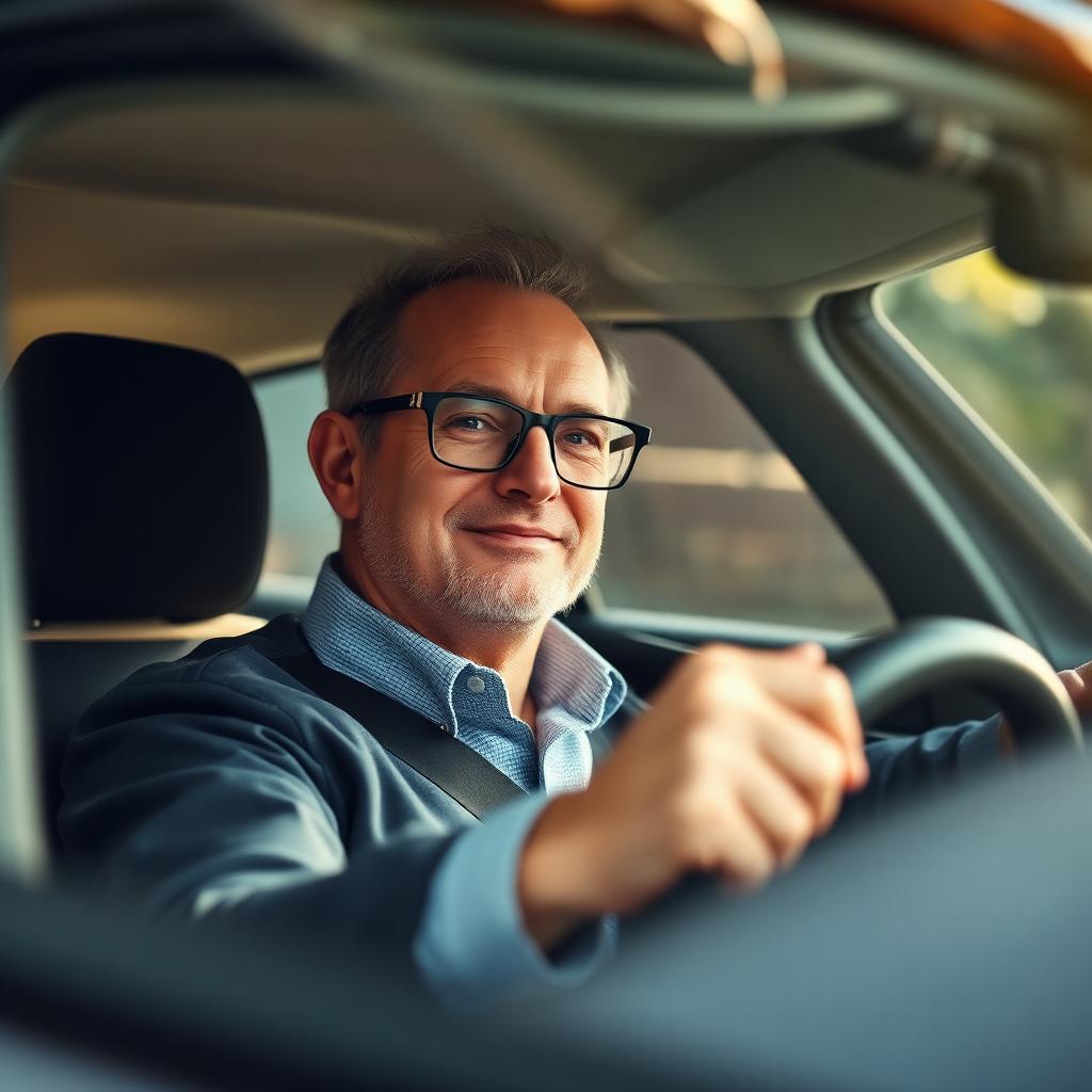 Man wearing glasses driving a car