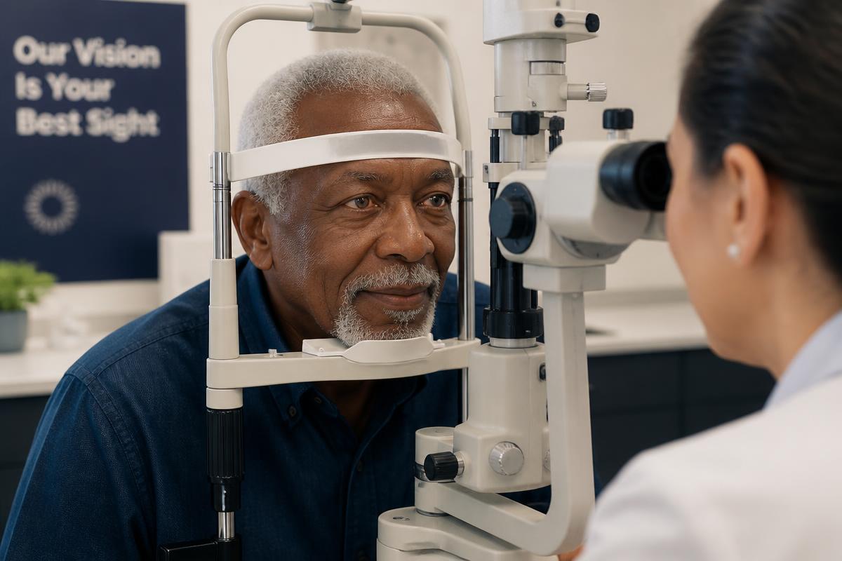 Elderly Black man having a comprehensive eye examination
