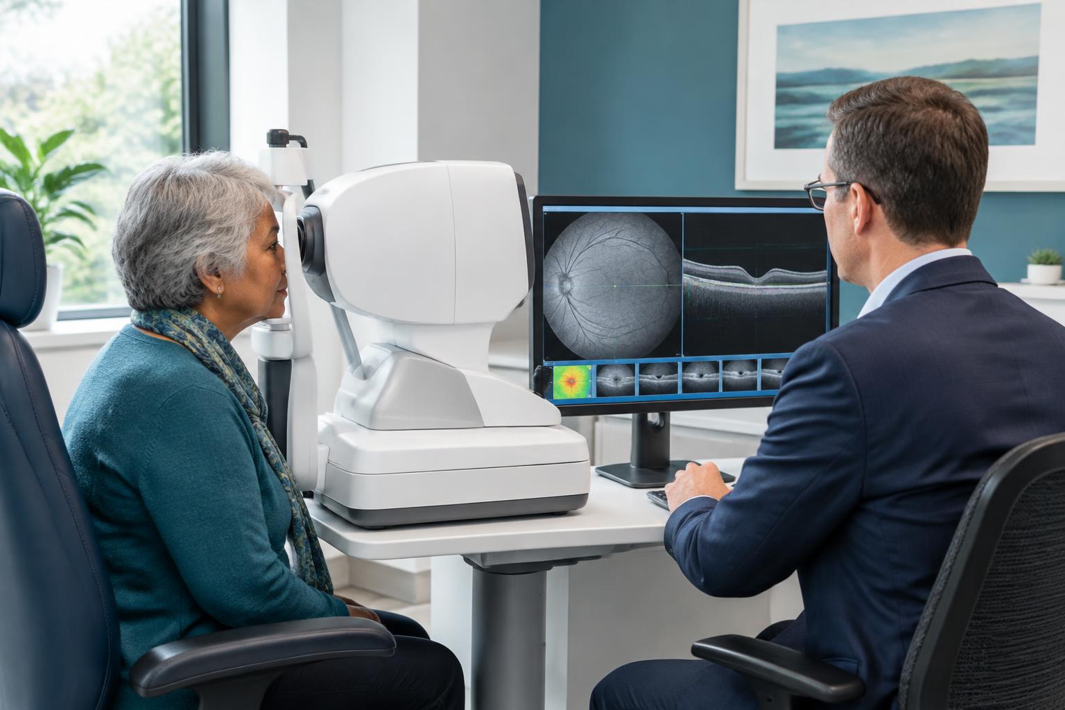 Older patient having retinal OCT imaging reviewed during an eye consultation